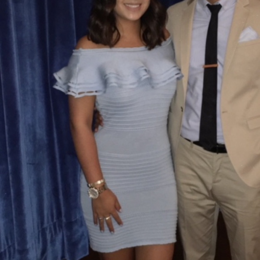 Off the shoulder baby blue mini dress